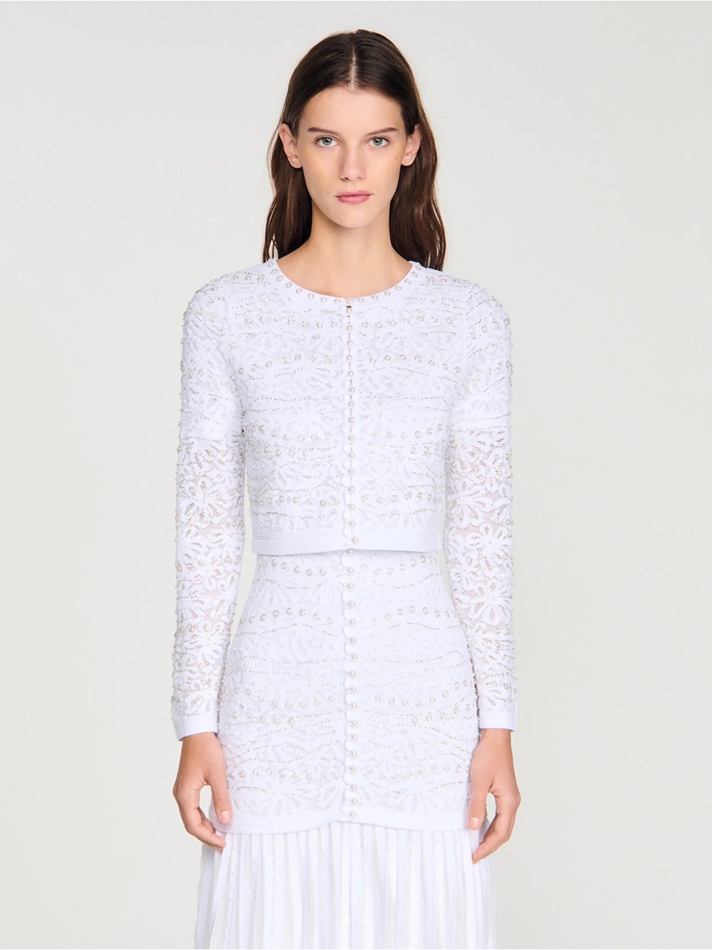 LEVA CROPPED PEARLED CARDIGAN WHITE